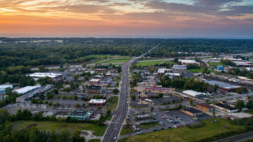 Aerial view over the Mentor, Ohio commercial corridor at sunset